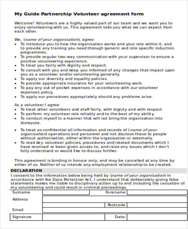 volunteer agreement form