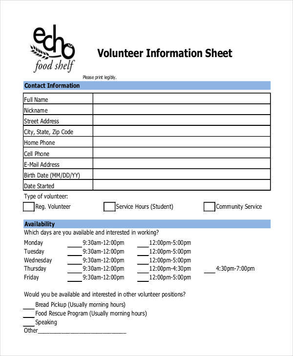 volunteer contact information sheet