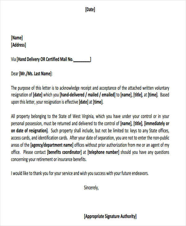 volunteer resignation acceptance letter