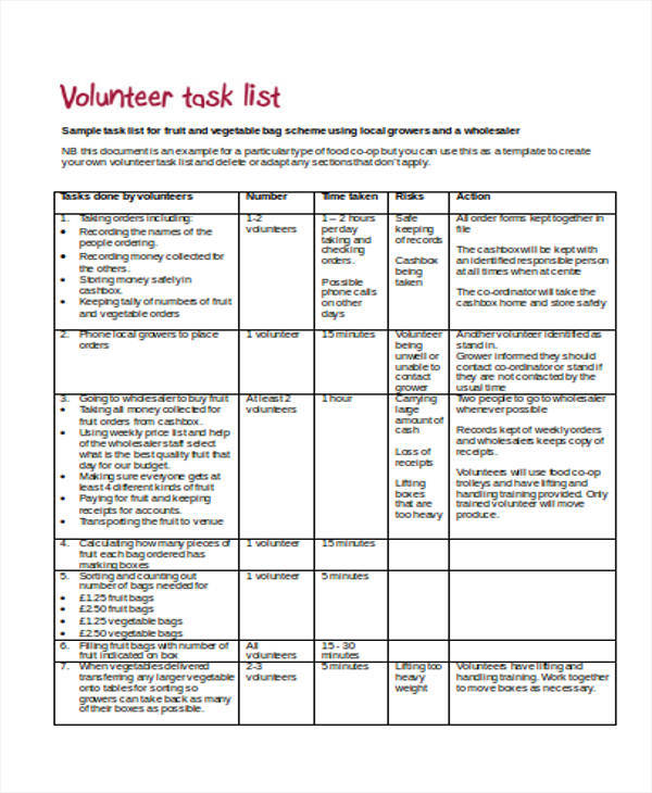 volunteer task list template