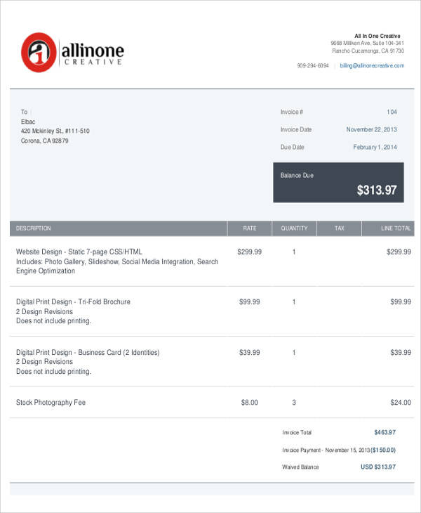 web design deposit invoice