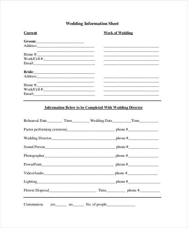 wedding information sheet