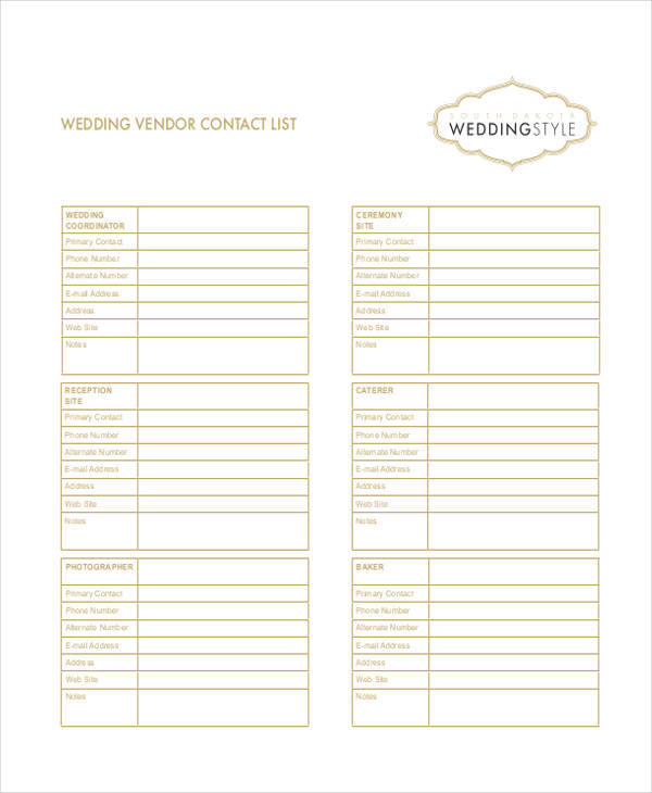 wedding vendor list