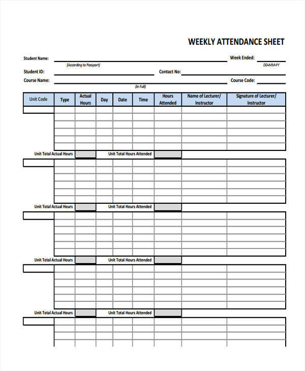 weekly attendance sample sheet