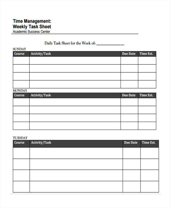 weekly task sheet sample
