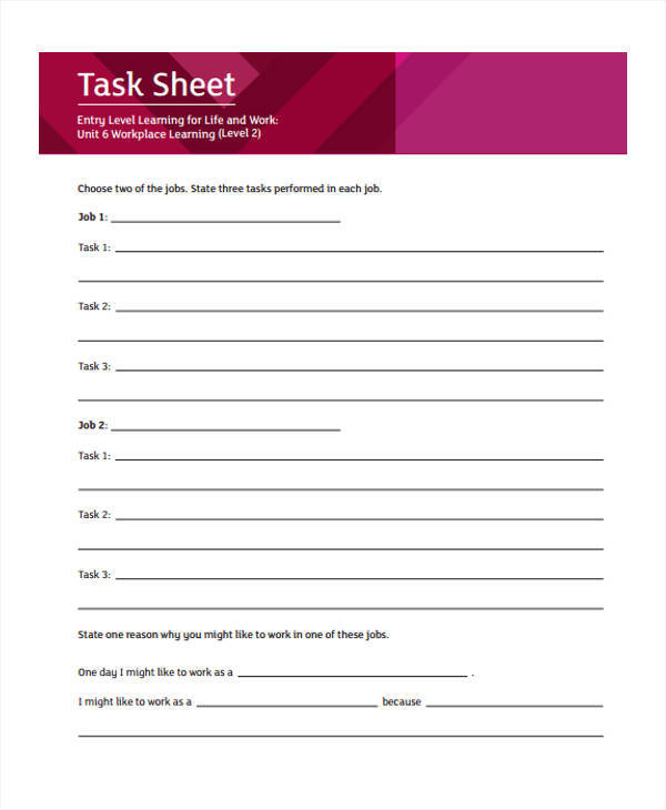 work task sheet template