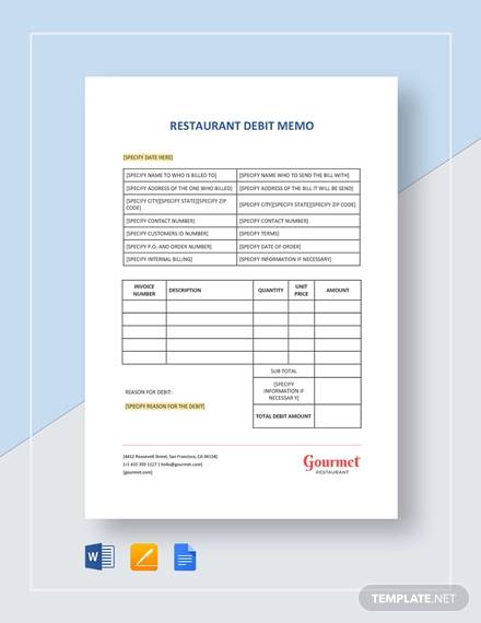 restaurant debit memo