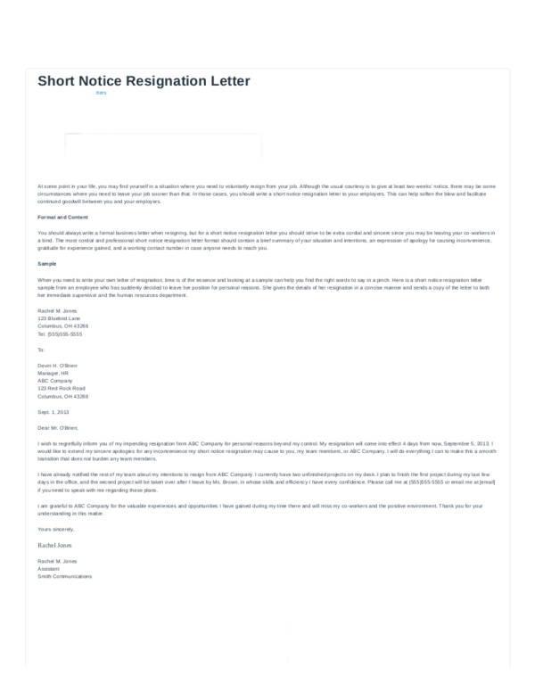 10 short notice resignation letter