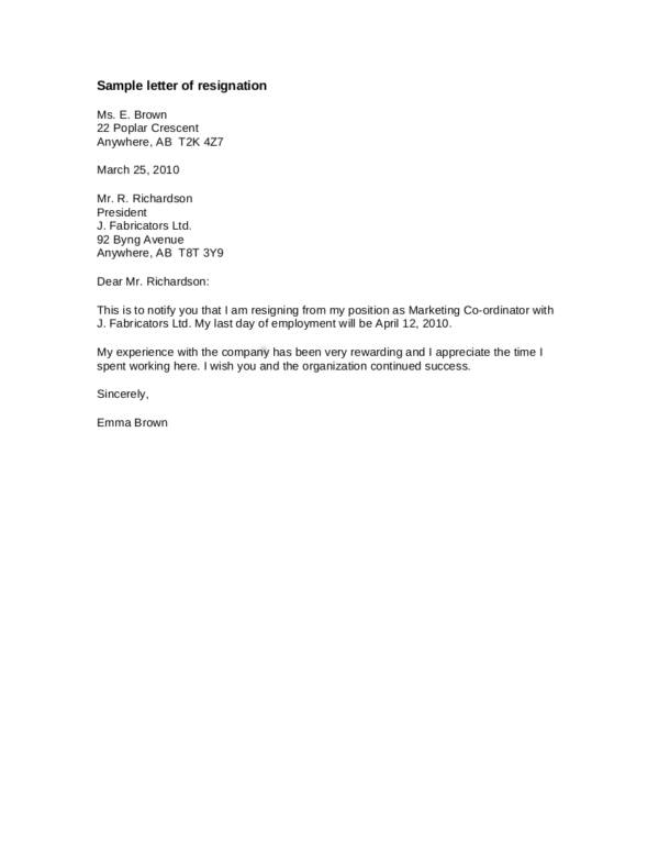 9 company resignation letter