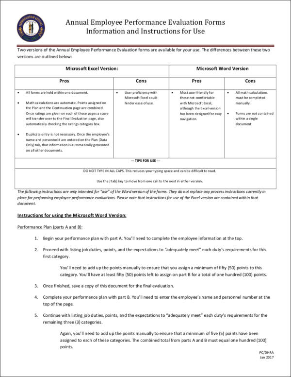 annual employee performance evaluation forms