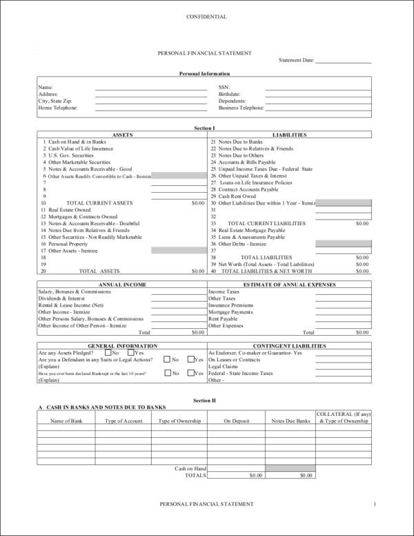 blank personal financial statement