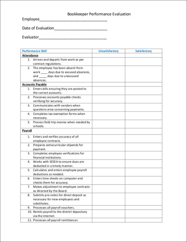 bookkeeper performance evaluation form template