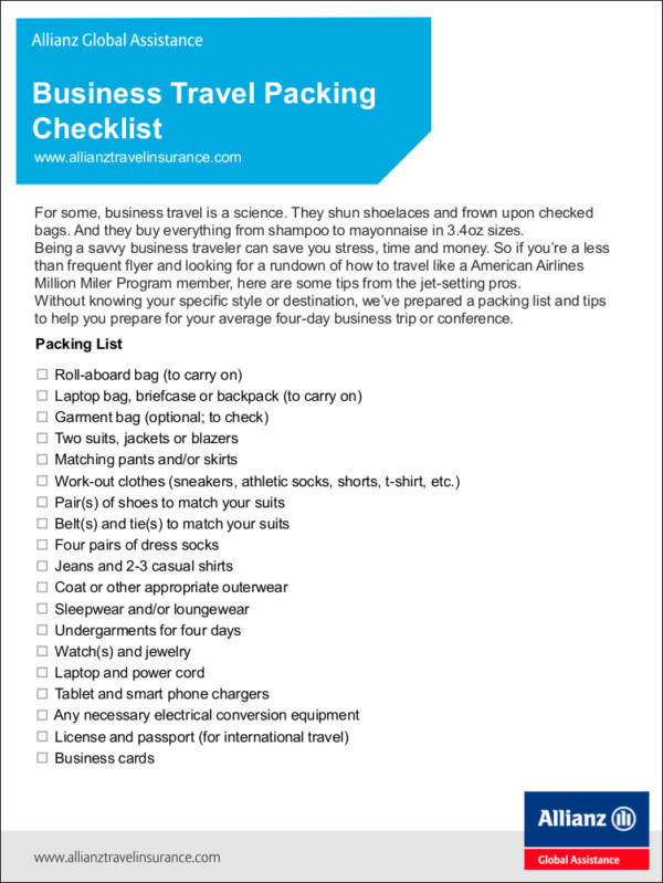 business travel packing checklist