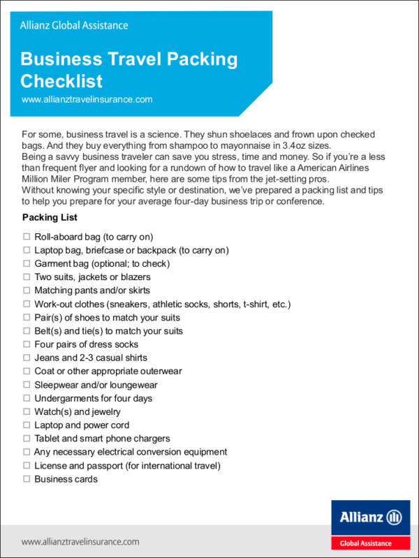 travel checklist business