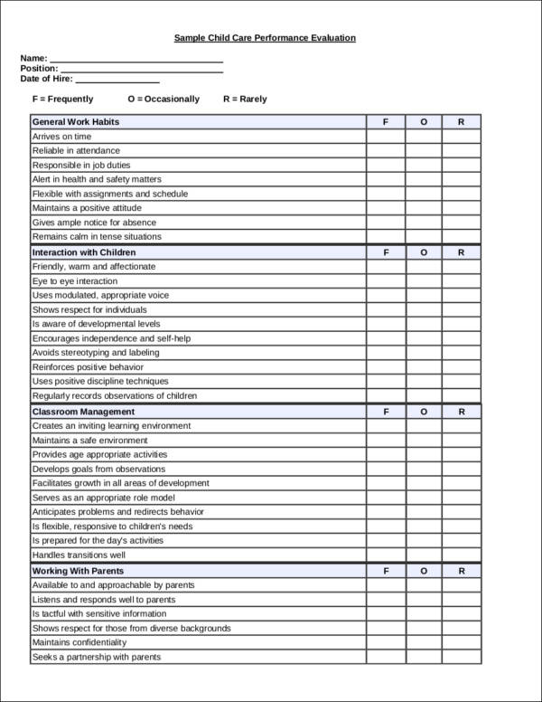 child care performance evaluation form sample
