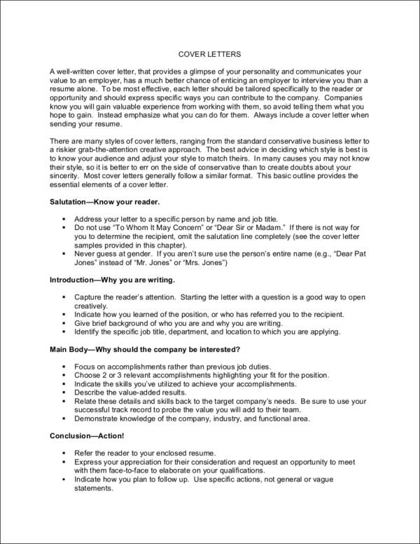 cover letter example outline