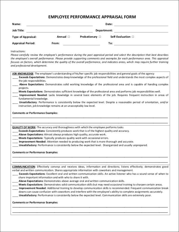 employee performance appraisal form