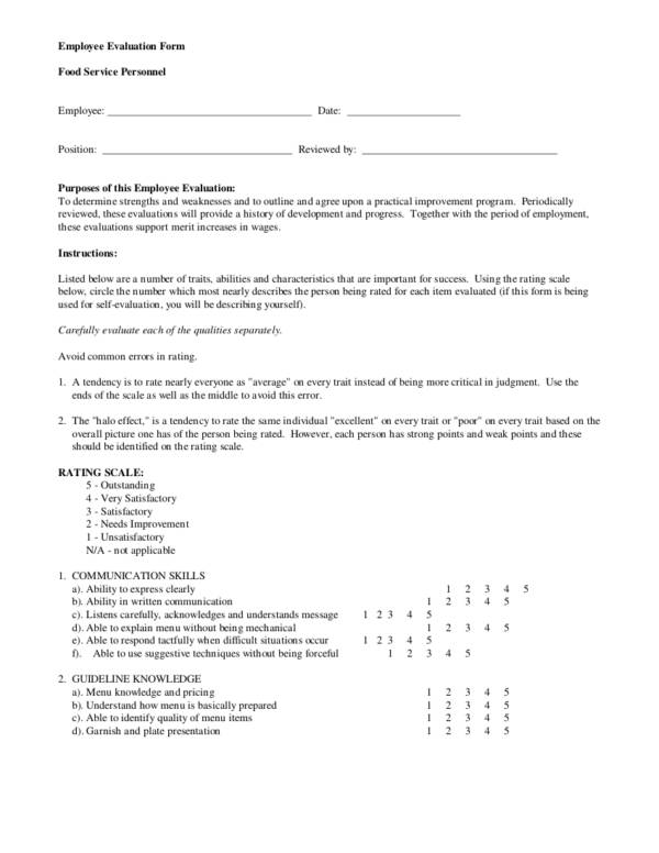 food service personnel evaluation form template