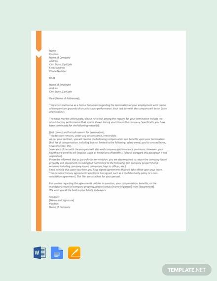 free termination letter template for poor performance