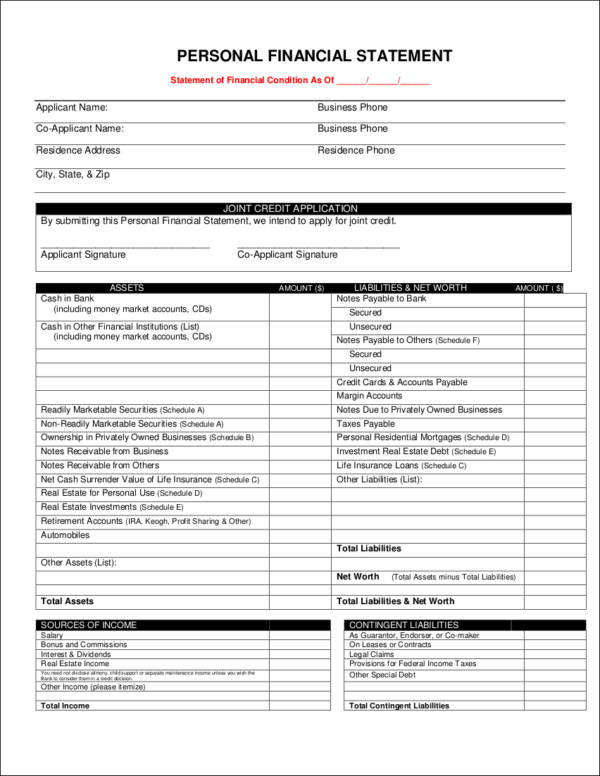 generic personal financial statement template