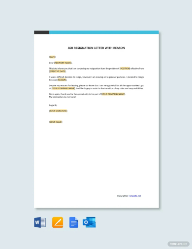 job resignation letter template with a reason