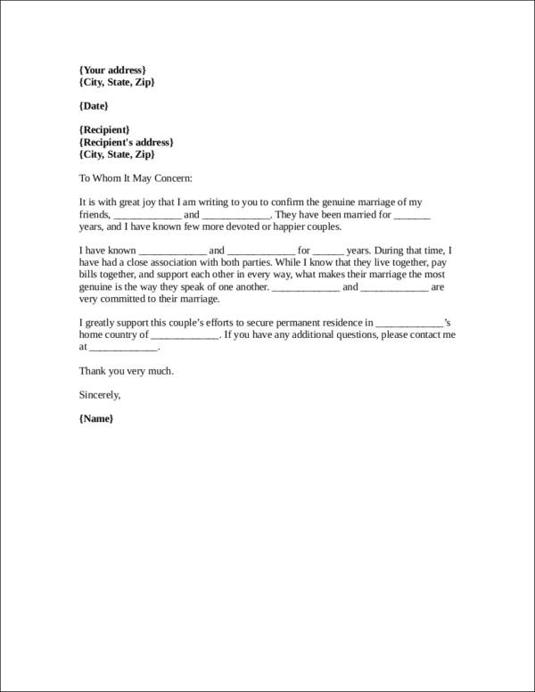 Sample Letter To Immigration To Support Marriage 9668