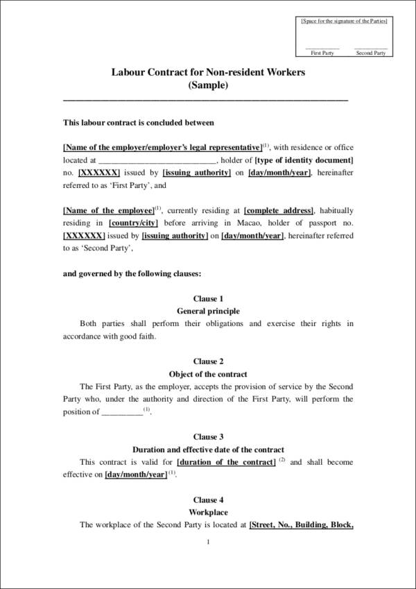 non resident worker labor contract template