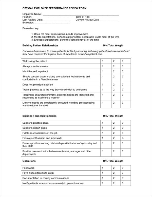 optical employee performance review form 