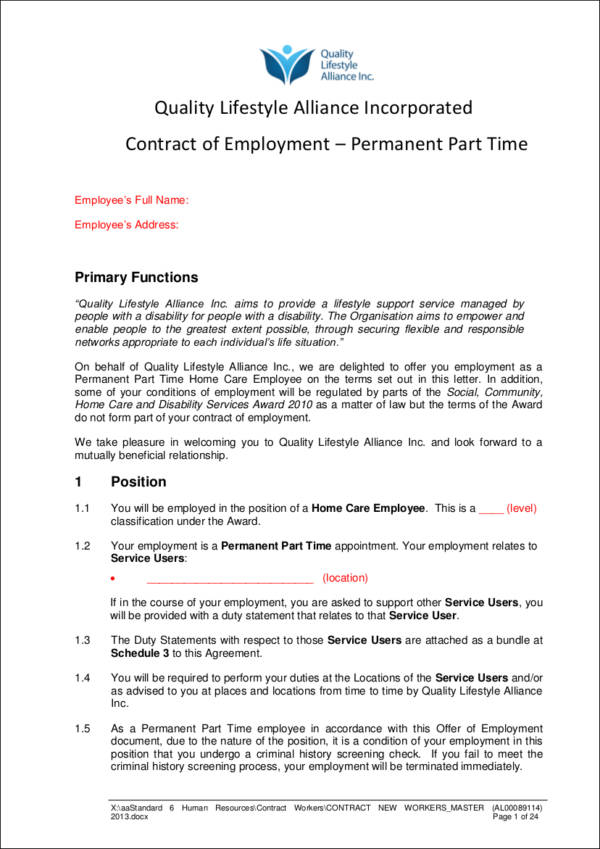 permanent part time employment contract