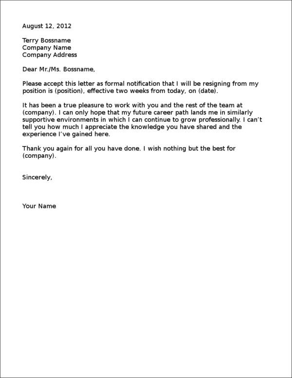 polite resignation letter sample