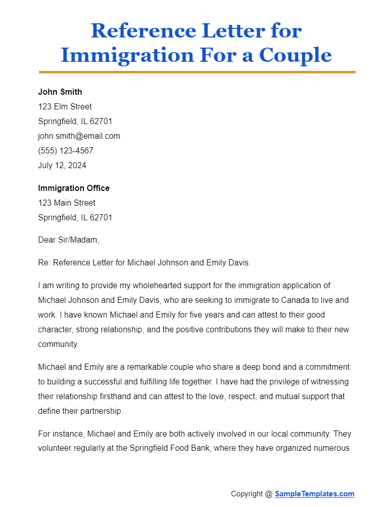 reference letter for immigration for a couple