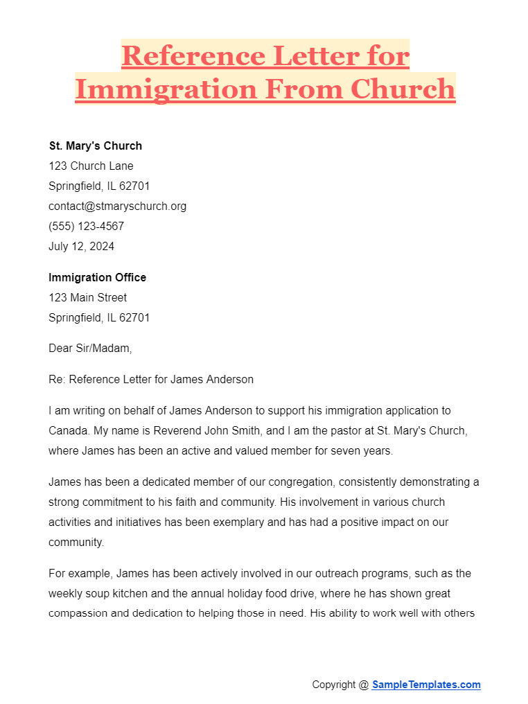 reference letter for immigration from church