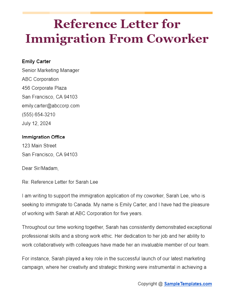 reference letter for immigration from coworker