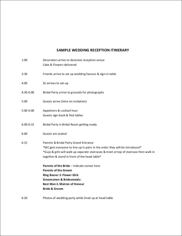 sample wedding reception itinerary