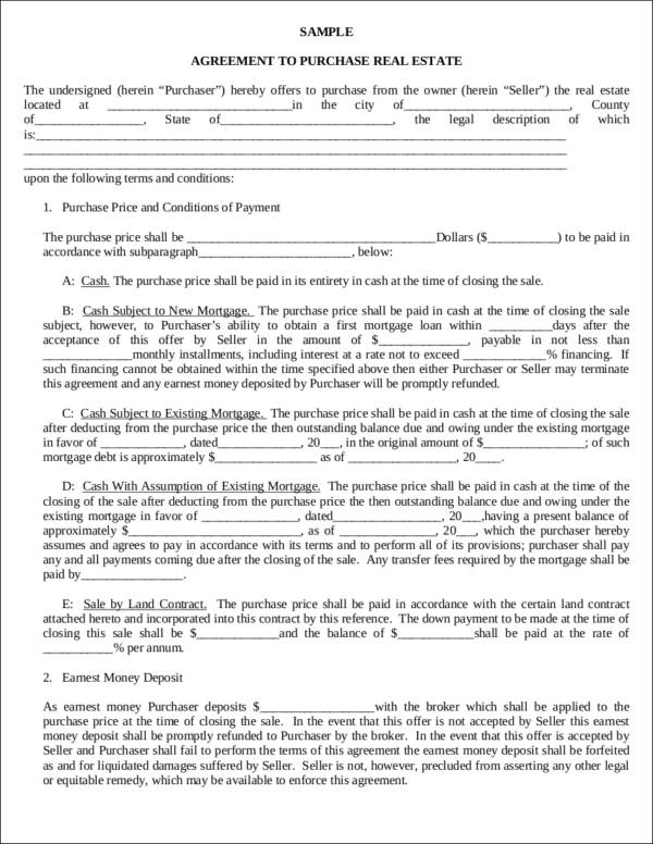 sample agreement to purchase real estate contract