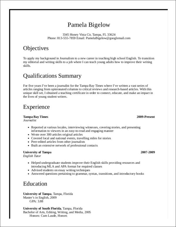 sample career transition to teaching resume