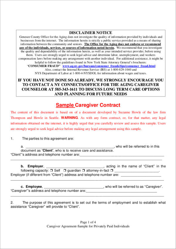 sample caregiver contract 
