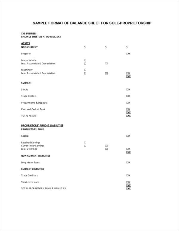 sample format of balance sheet for sole proprietorship