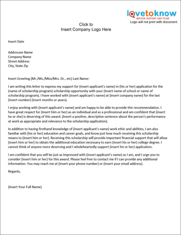 Letter Of Recommendation Template For Scholarship From Employer