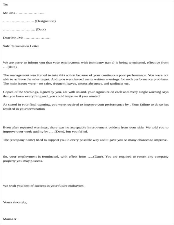 sample termination letter for poor performance