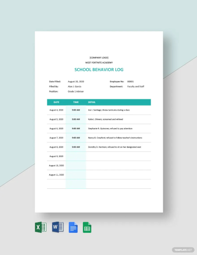 school behavior log template