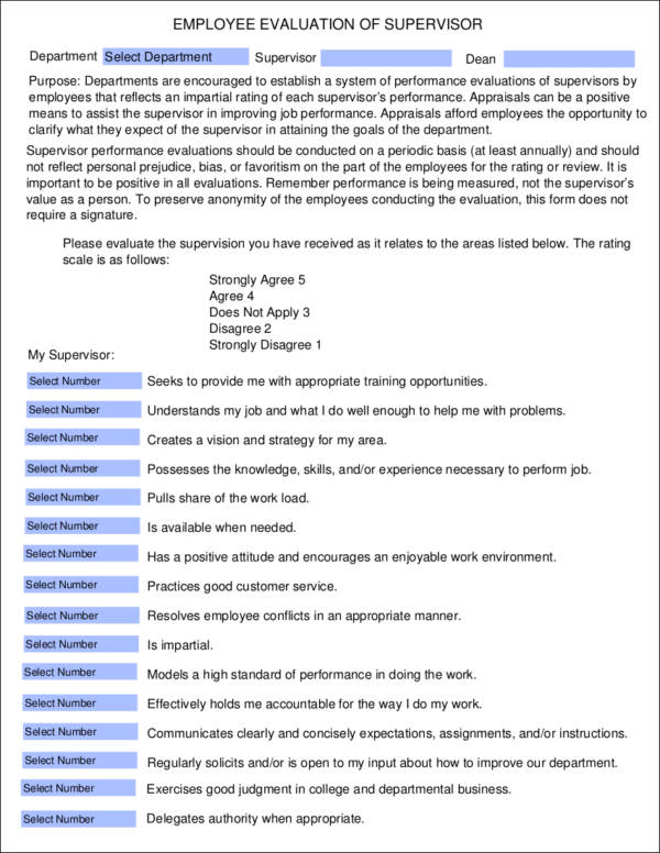 supervisor employee evaluation form template