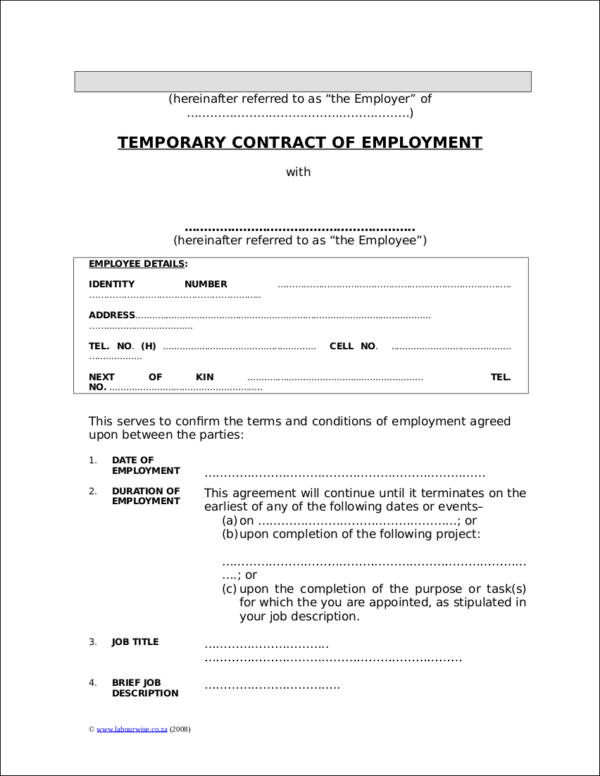 Temporary Employment Contract Template Free Download HQ Printable