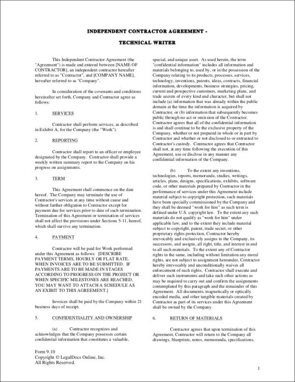 technical writer independent contractor agreement