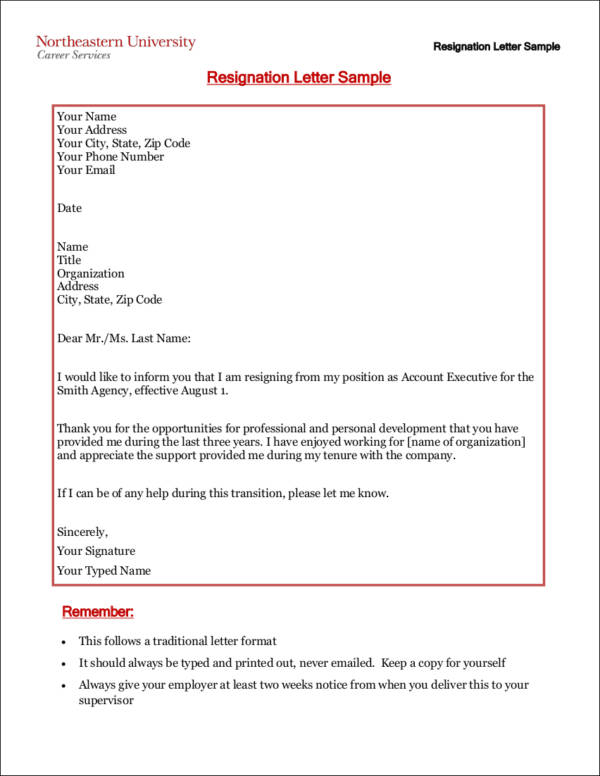 two weeks notice resignation letter sample