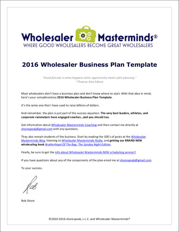 wholesaler business plan template