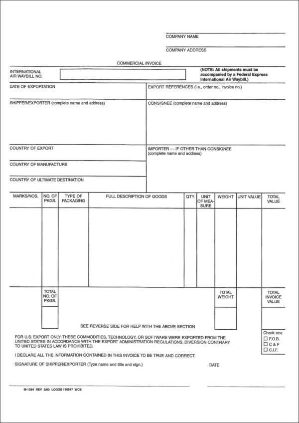 fedex commercial invoice template word