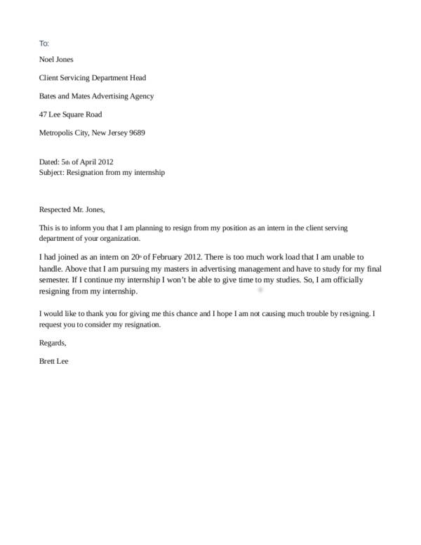 5 internship resignation letter template