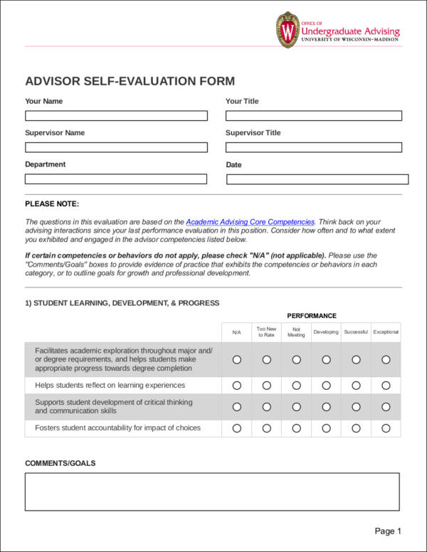 advisor self evaluation form sample