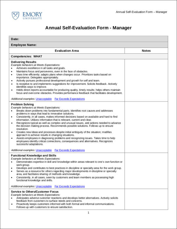 annual self evaluation form template